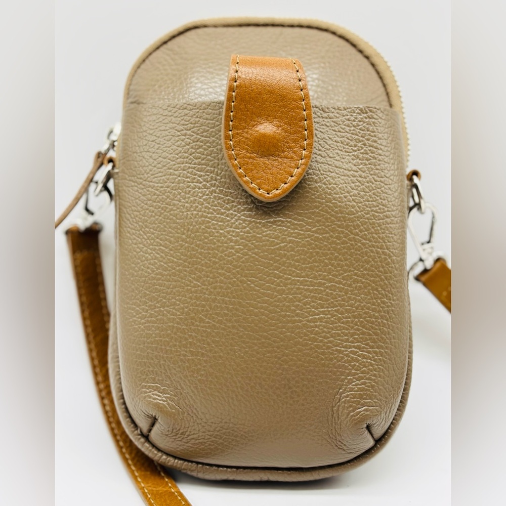 Taupe Leather Crossbody Phone Bag with Tan Accent